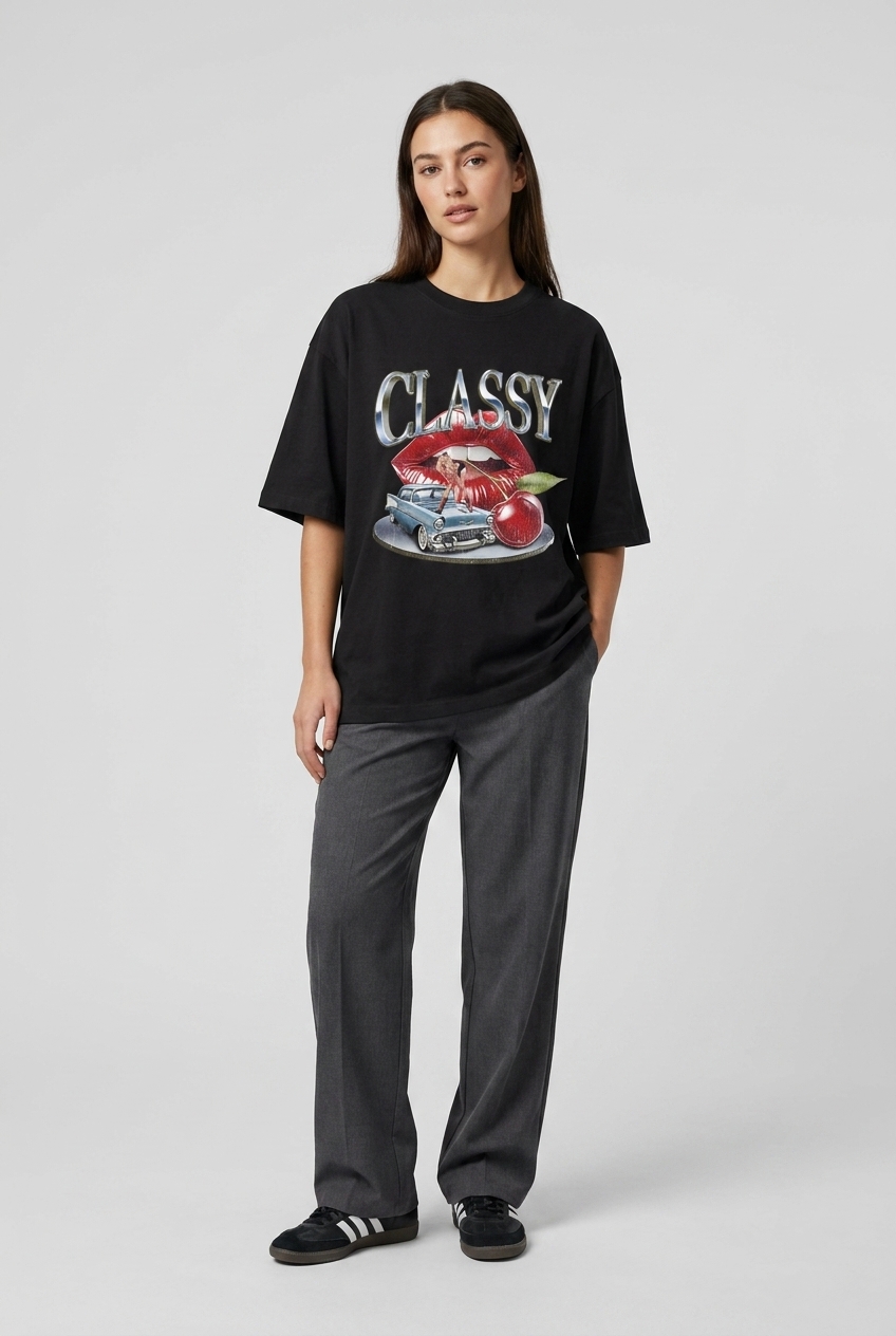 Women's Classy Cherry Graphic Oversized Heavy Tee